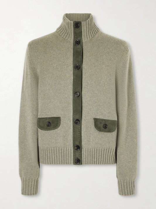 Image of a model wearing Outerwear. Product name - Parksville Suede-trimmed Cashmere Cardigan in Sage green colour by brand - Loro Piana