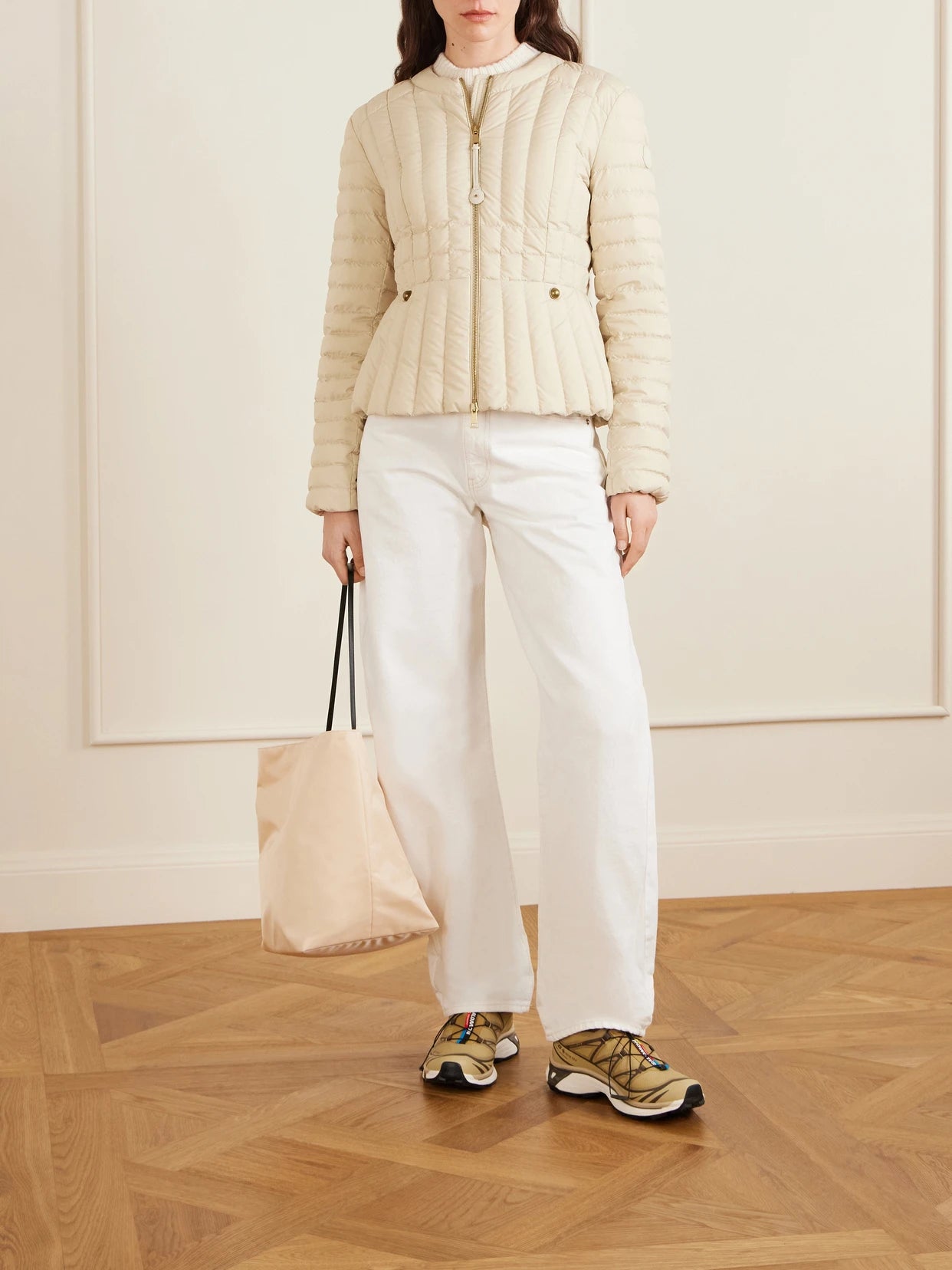 Image of Coats & Jackets. Product name - Menthe Appliquéd Padded Quilted Shell Down Jacket in White colour by brand - Moncler