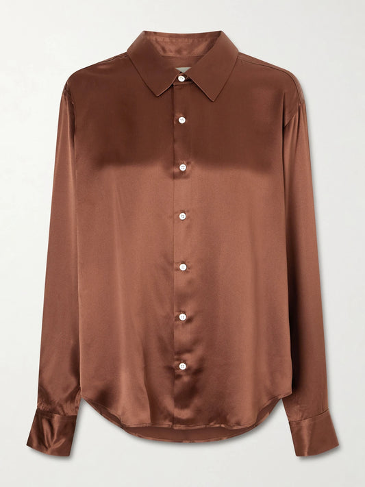 Image of a model wearing Tops. Product name - La Classica Silk-charmeuse Shirt in Brown colour by brand - Comme Si