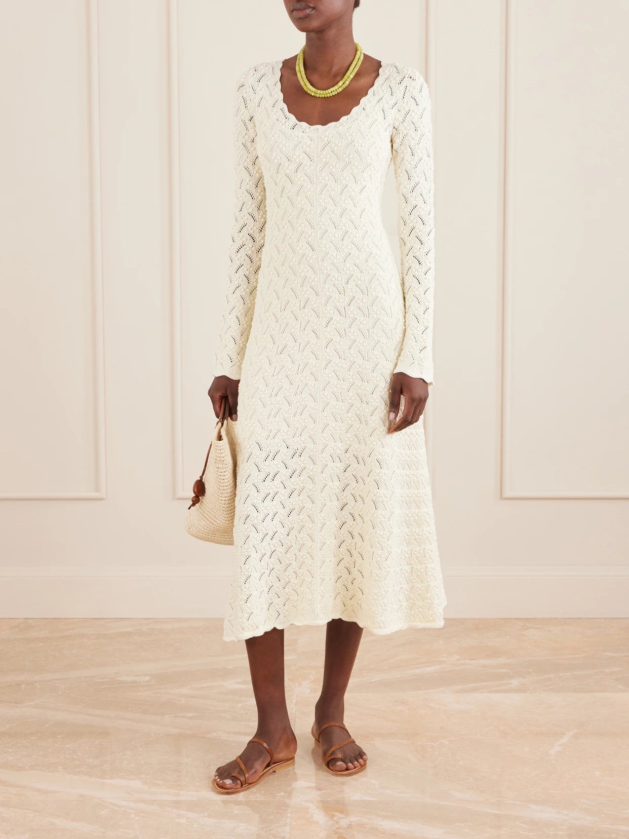 Image of Dresses. Product name - Avril Pointelle-knit Cotton Midi Dress in Ivory colour by brand - Cara Cara
