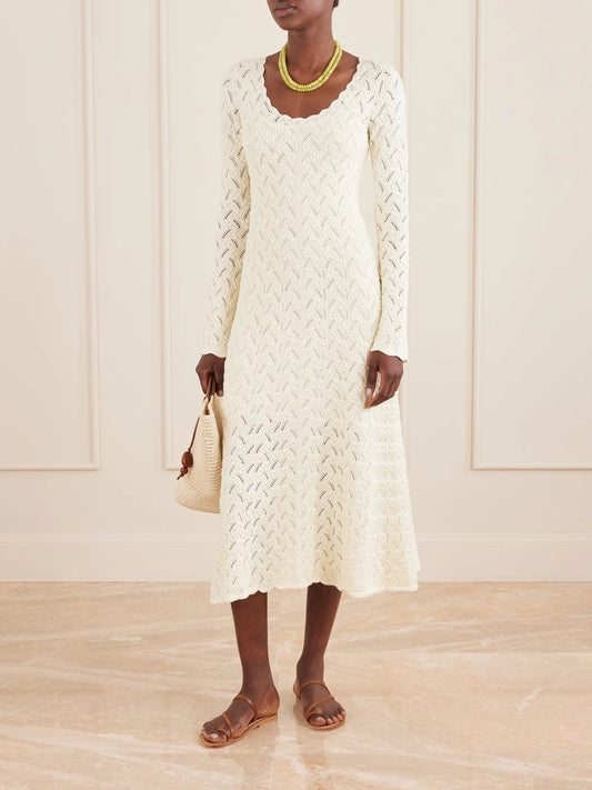 Image of Dresses. Product name - Avril Pointelle-knit Cotton Midi Dress in Ivory colour by brand - Cara Cara