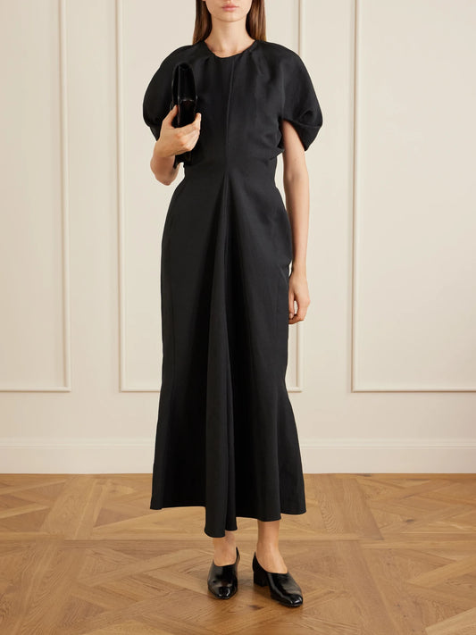 Image of Dresses. Product name - Ria Woven Midi Dress in Black colour by brand - KHAITE