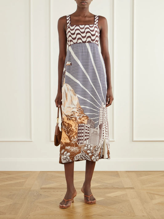 Image of Dresses. Product name - Mixed Carioca Coffee Scarves Printed Voile Midi Dress in Cream colour by brand - Farm Rio