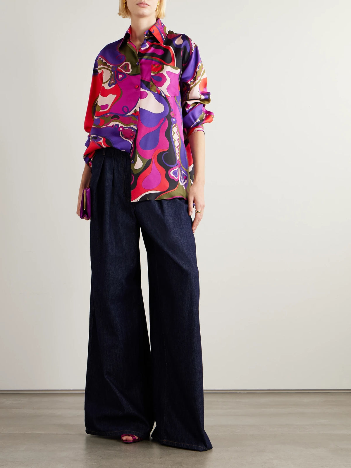 Image of a model wearing Tops. Product name - Printed Silk Shirt in Multi colour by brand - PUCCI