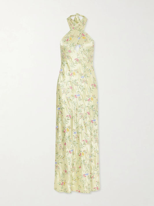 Image of Dresses. Product name - Dune Floral-embroidered Satin Maxi Dress in Green colour by brand - RIXO