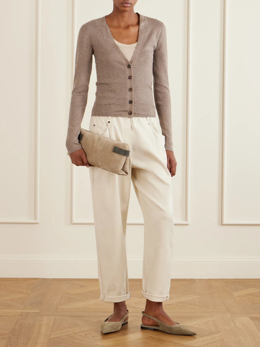 Image of a model wearing Outerwear. Product name - Metallic Ribbed-knit Cardigan in Brown colour by brand - Brunello Cucinelli