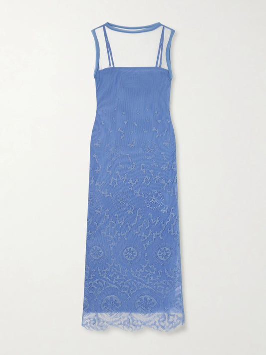 Image of Dresses. Product name - Leif Embroidered Tulle Midi Dress in Sky blue colour by brand - SIR.