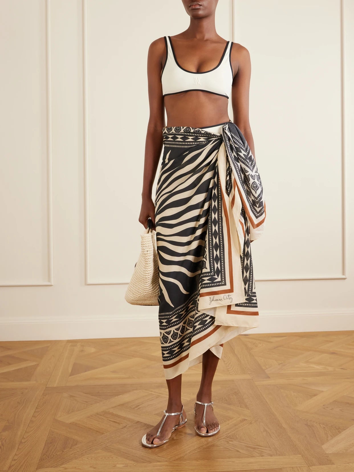Image of Swimwear. Product name - Golden Horizon Printed Cotton Pareo in Black colour by brand - Johanna Ortiz