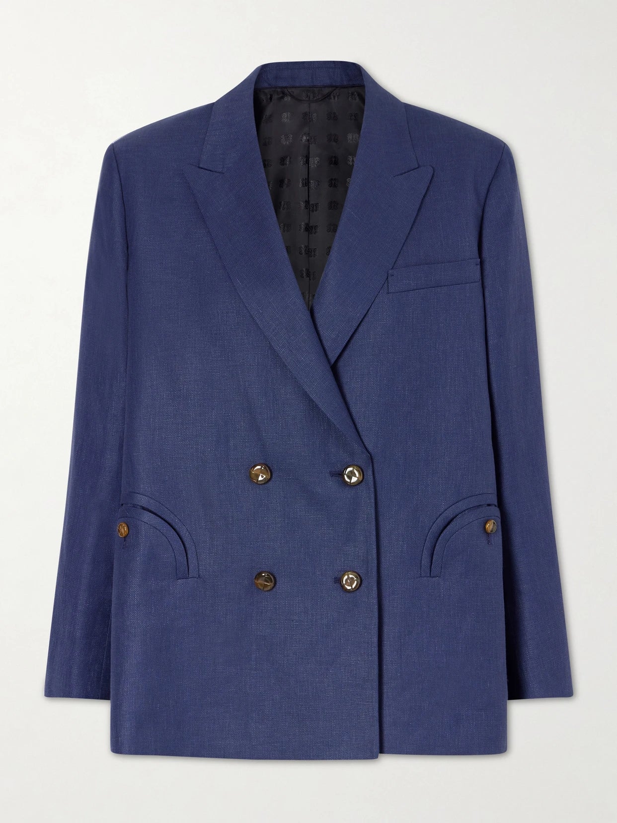 Image of a model wearing Outerwear. Product name - Nightbreak Double-breasted Linen, Wool And Silk-blend Blazer in Navy colour by brand - BLAZÉ Milano