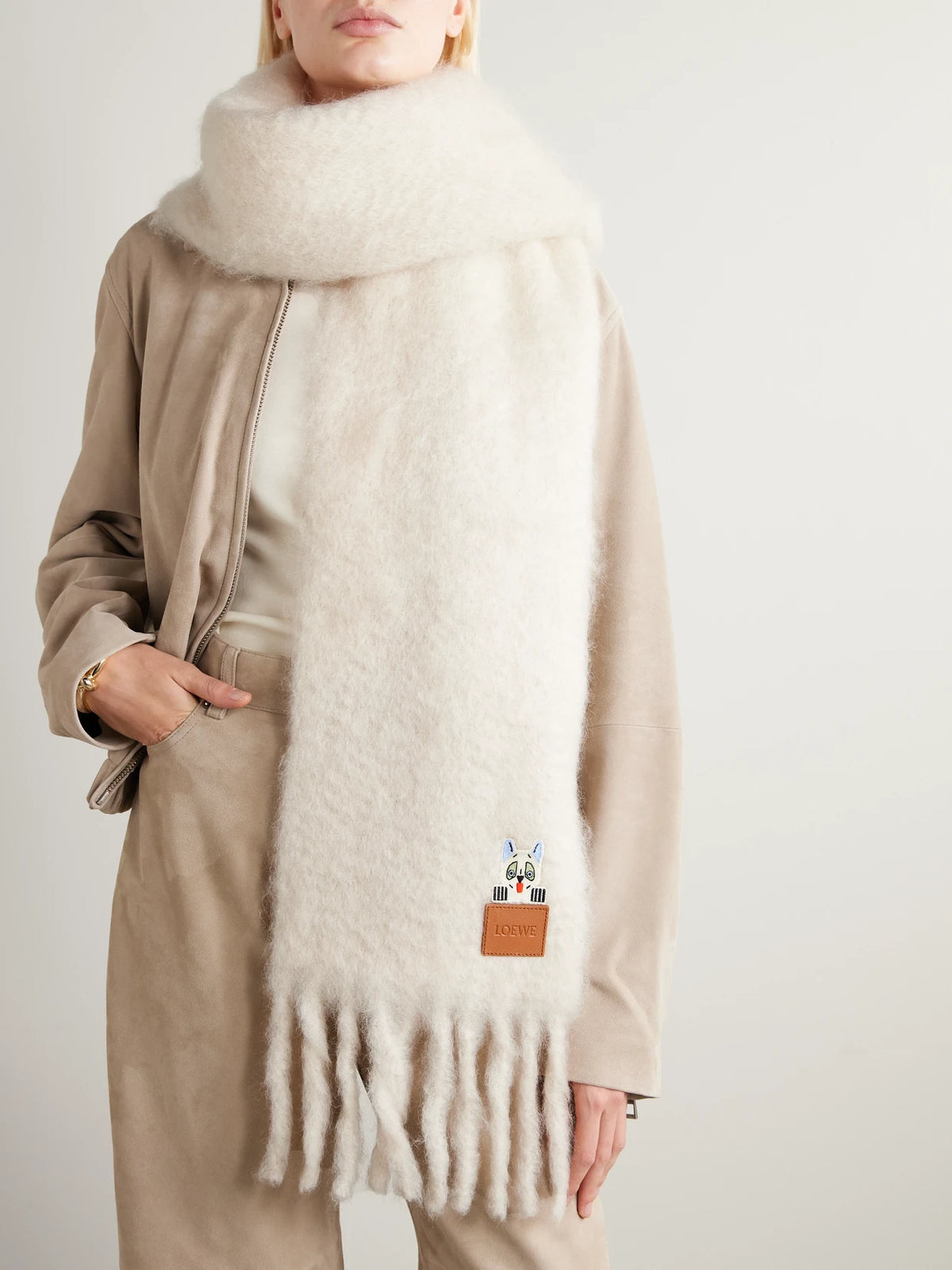 Image of Scarves & Shawls. Product name - + Louis Wain Appliquéd Embroidered Fringed Mohair-blend Scarf in White colour by brand - LOEWE