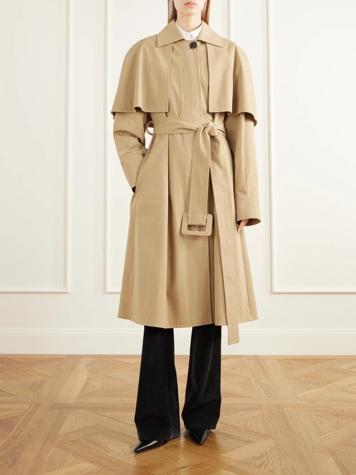 Image of Coats & Jackets. Product name - Ayana Belted Cape-detailed Cotton-twill Trench Coat in Beige, Black colour by brand - The Row