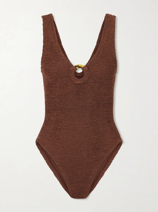 Image of Swimwear. Product name - Celine Embellished Original Crinkle Swimsuit in Chocolate colour by brand - Hunza G