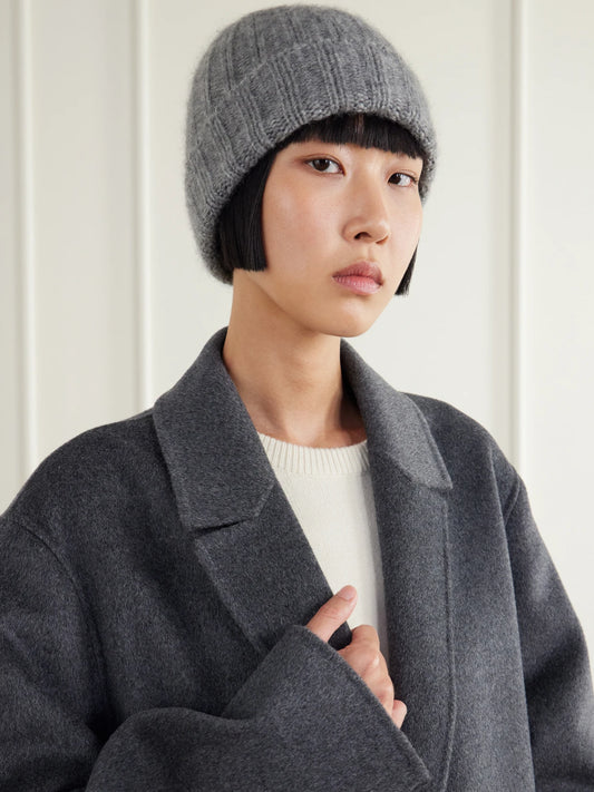 Image of Hats. Product name - Bhaltair Ribbed Cashmere And Silk-blend Beanie in Gray colour by brand - Johnstons of Elgin
