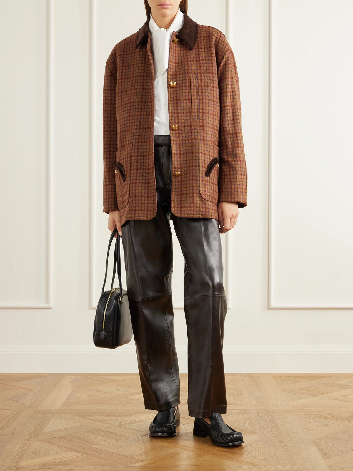Image of Coats & Jackets. Product name - Clelia Corduroy-trimmed Checked Wool Jacket in Brown colour by brand - BLAZÉ Milano