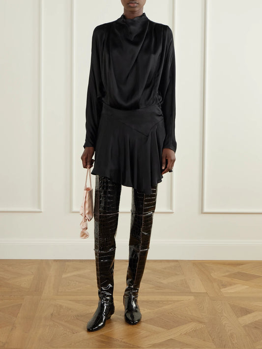 Image of Boots. Product name - Paneled Croc-effect Leather Over-the-knee Boots in Dark brown colour by brand - Magda Butrym