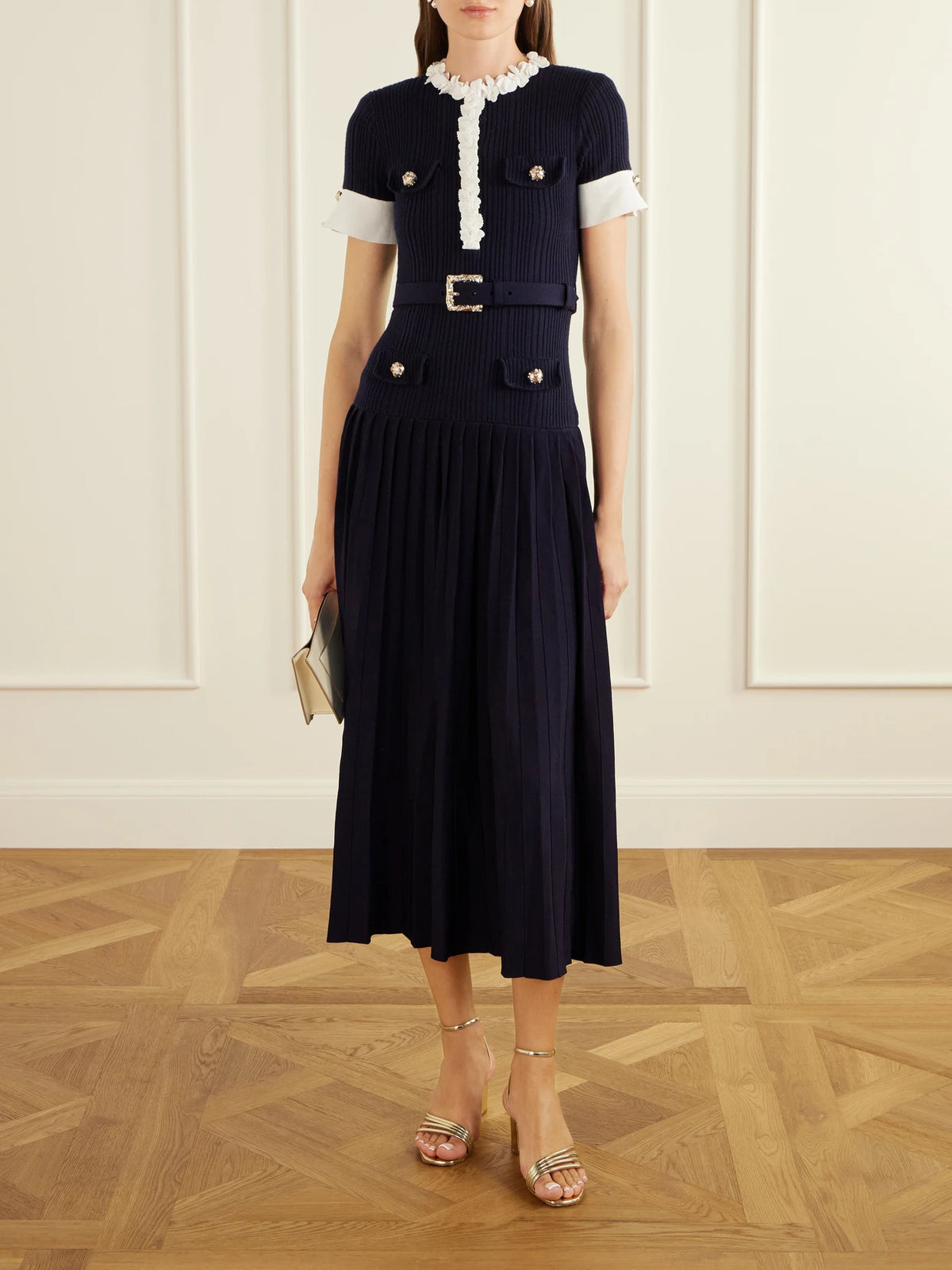 Image of Dresses. Product name - Belted Floral-appliquéd Ribbed Midi Dress in Navy colour by brand - Self-Portrait
