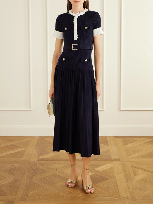 Image of Dresses. Product name - Belted Floral-appliquéd Ribbed Midi Dress in Navy colour by brand - Self-Portrait