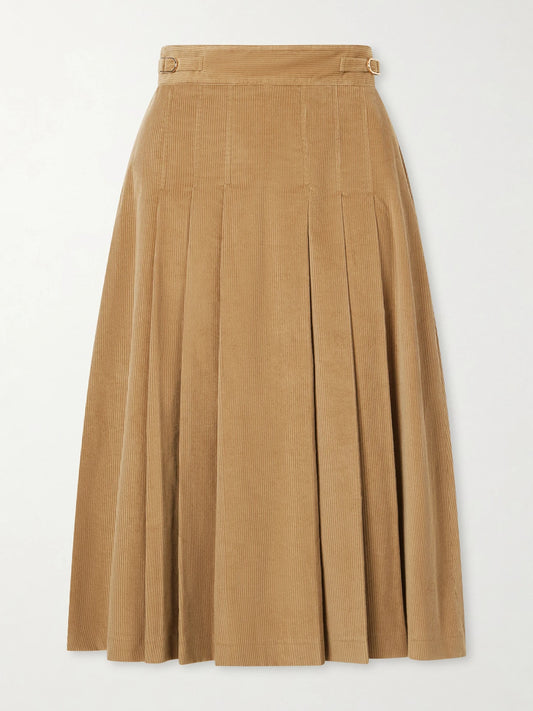Image of a model wearing Skirts. Product name - Wesley Corduroy Cotton Maxi Skirt in Beige colour by brand - Gabriela Hearst