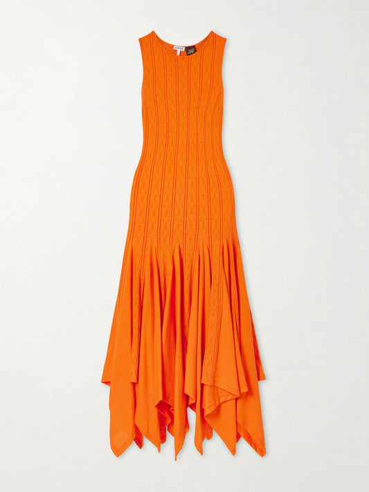Image of Dresses. Product name - + Paula's Ibiza Pointelle-knit Cotton-jersey Midi Dress in Orange colour by brand - LOEWE