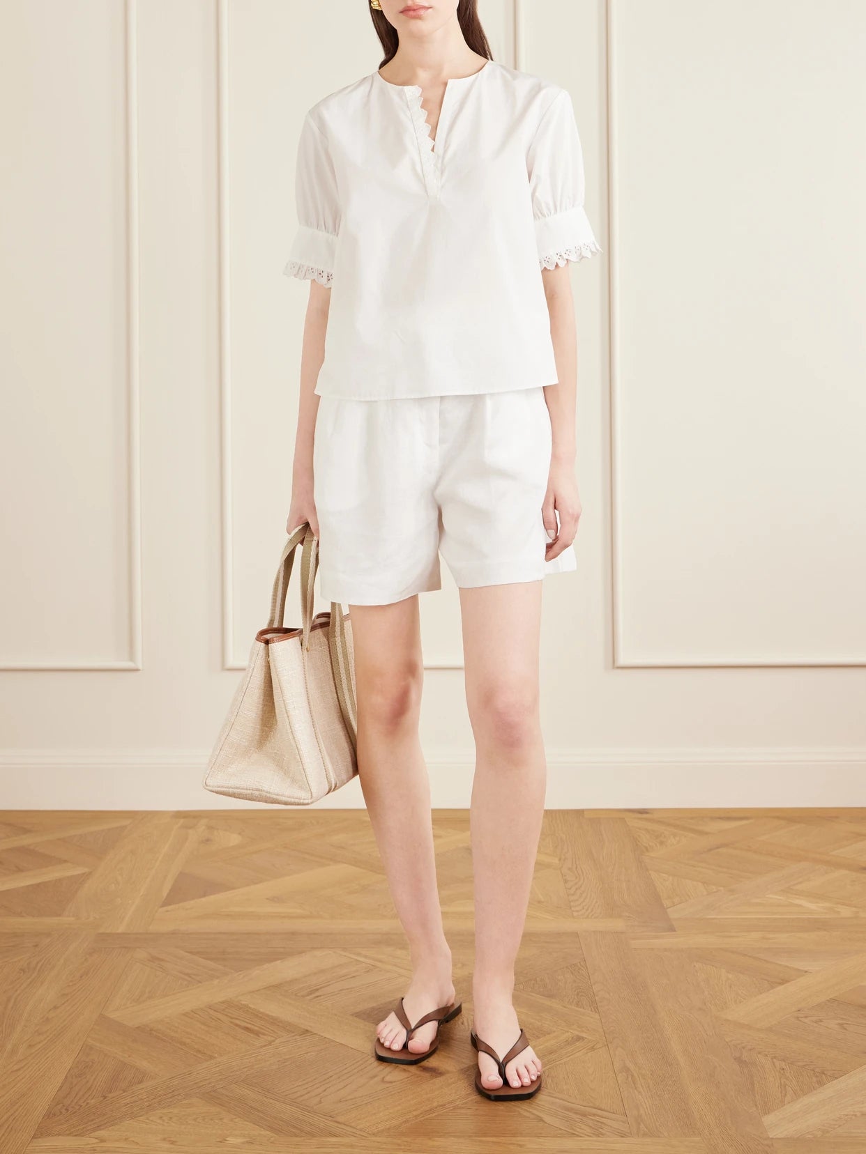 Image of a model wearing Tops. Product name - Keepsake Popover Camp-collar Cotton Blouse in White colour by brand - FRAME