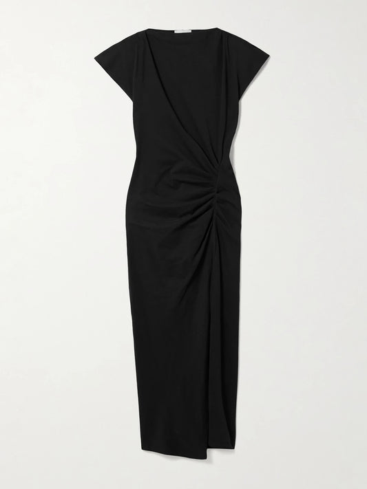 Image of Dresses. Product name - Nadela Gathered Cotton-jersey Midi Dress in Black colour by brand - ISABEL MARANT