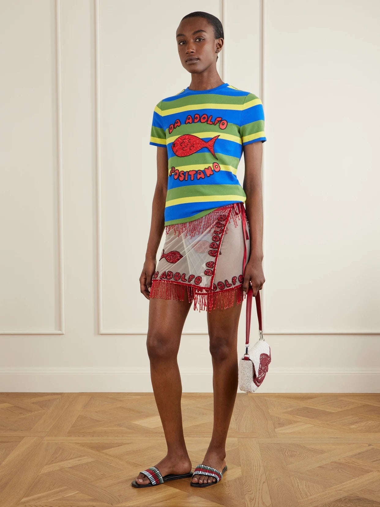 Image of a model wearing Tops. Product name - + Da Adolfo Weekender Striped Printed Cotton-blend T-shirt in Blue colour by brand - STAUD