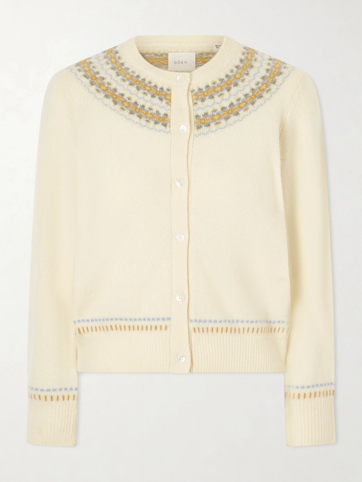 Image of a model wearing Outerwear. Product name - Olympe Jacquard-knit Wool-blend Cardigan in Yellow colour by brand - DÔEN