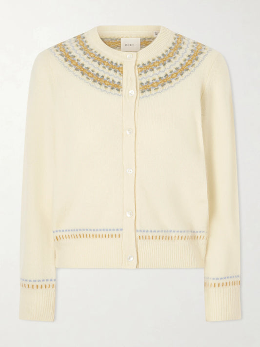 Image of a model wearing Outerwear. Product name - Olympe Jacquard-knit Wool-blend Cardigan in Yellow colour by brand - DÔEN