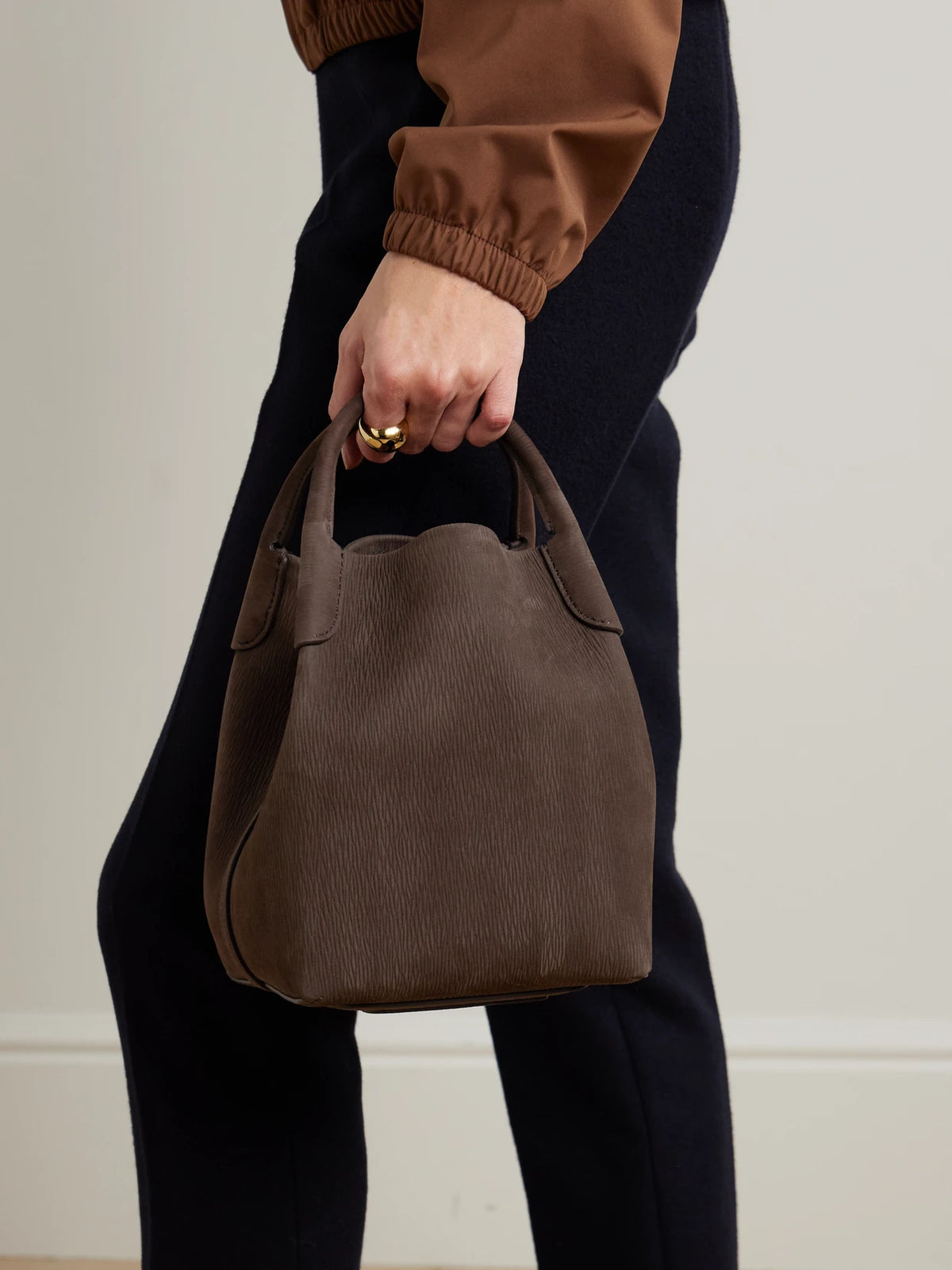 Image of Bags. Product name - Bale Small Textured-suede Shoulder Bag in Chocolate colour by brand - Loro Piana