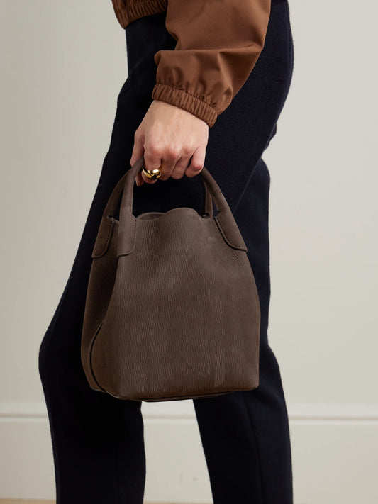 Image of Bags. Product name - Bale Small Textured-suede Shoulder Bag in Chocolate colour by brand - Loro Piana