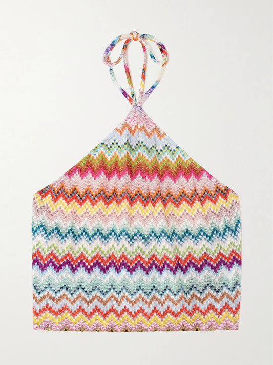Image of a model wearing Tops. Product name - Mare Cropped Striped Metallic Crochet-knit Halterneck Top in Multi colour by brand - Missoni