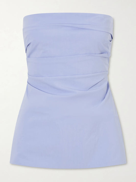 Image of a model wearing Tops. Product name - Strapless Cotton-blend Poplin Top in Light blue colour by brand - ST. AGNI