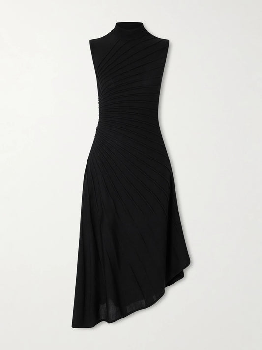 Image of Dresses. Product name - Asymmetric Ribbed Wool Turtleneck Midi Dress in Black colour by brand - Alaïa