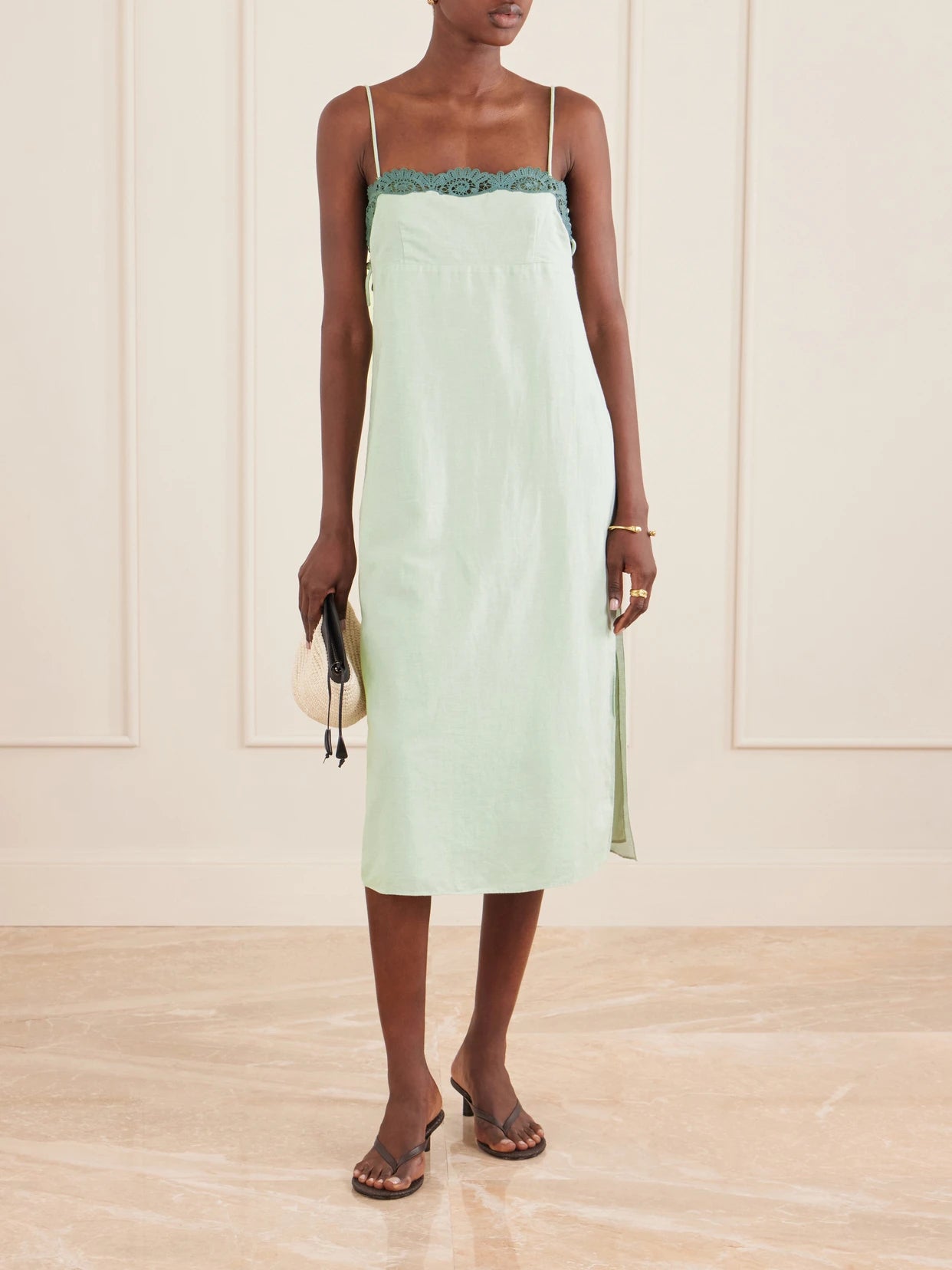 Image of Dresses. Product name - Darya Lace-trimmed Linen And Cotton-blend Midi Dress in Green colour by brand - Posse