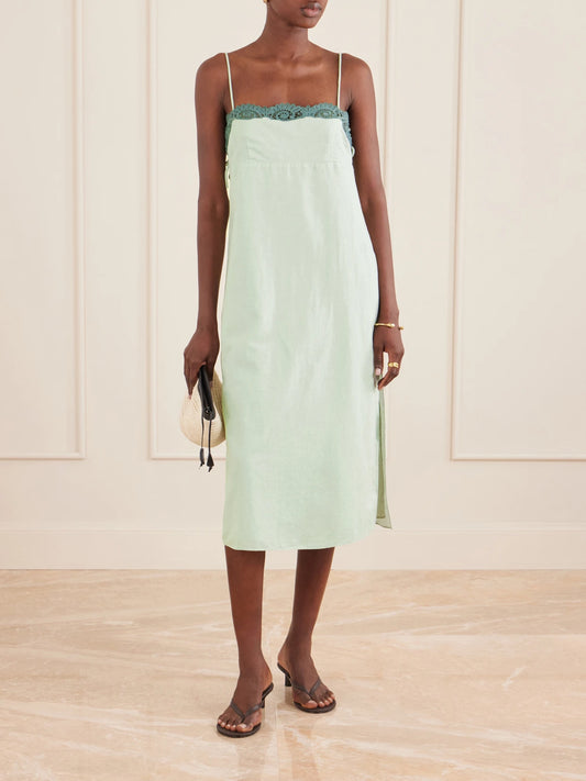 Image of Dresses. Product name - Darya Lace-trimmed Linen And Cotton-blend Midi Dress in Green colour by brand - Posse