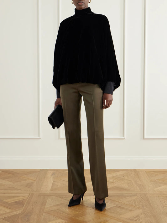 Image of a model wearing Pants. Product name - Wool Straight-leg Pants in Dark green colour by brand - Balmain