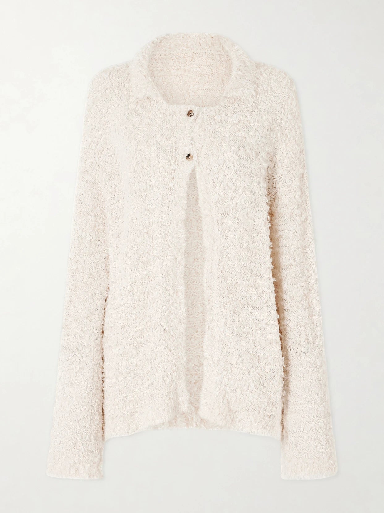 Image of Cardigans. Product name - Jannae Cotton-blend Bouclé Cardigan in Ivory colour by brand - KHAITE