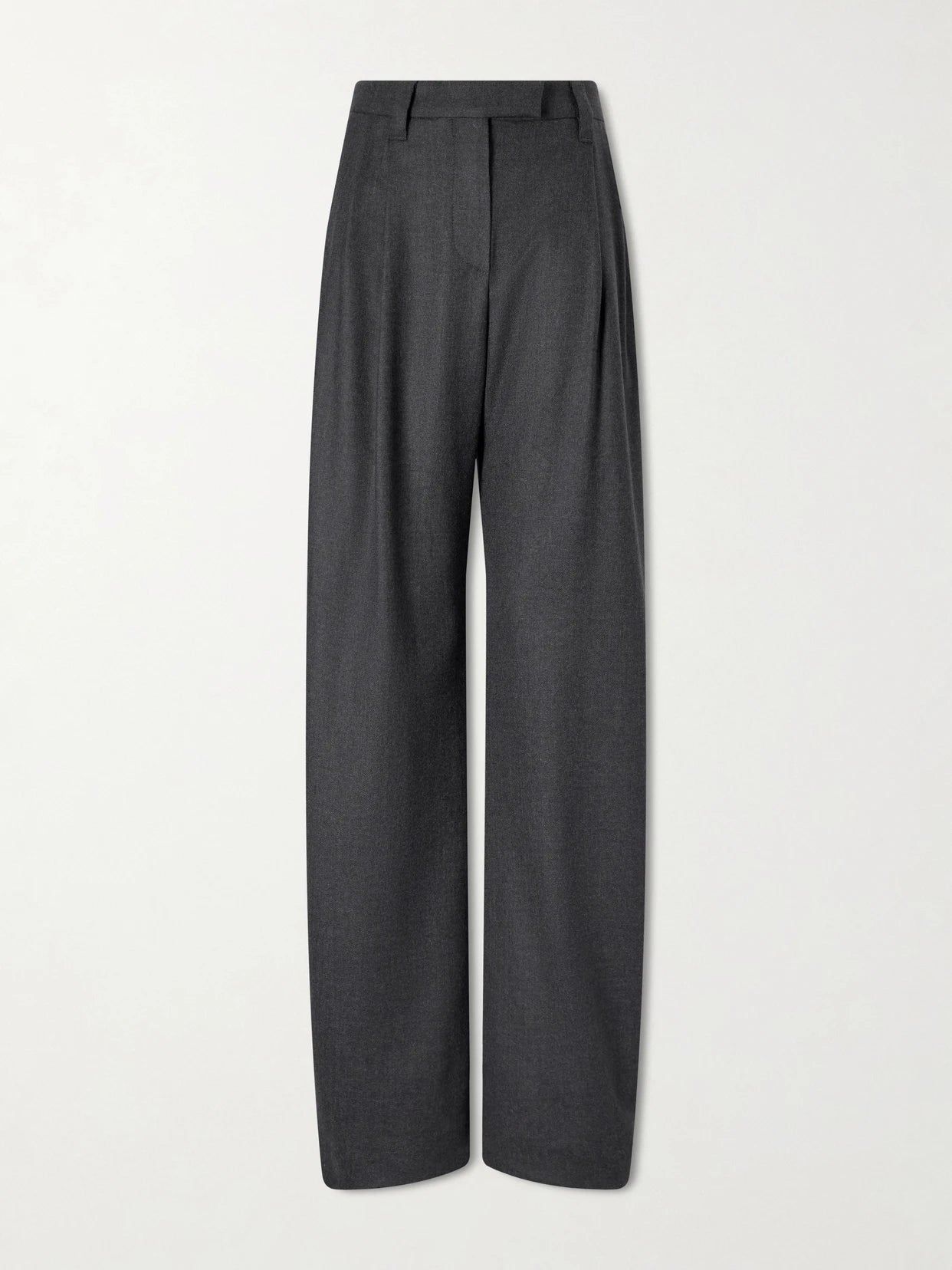 Image of a model wearing Pants. Product name - Wool Wide-leg Pants in Dark gray colour by brand - Brunello Cucinelli