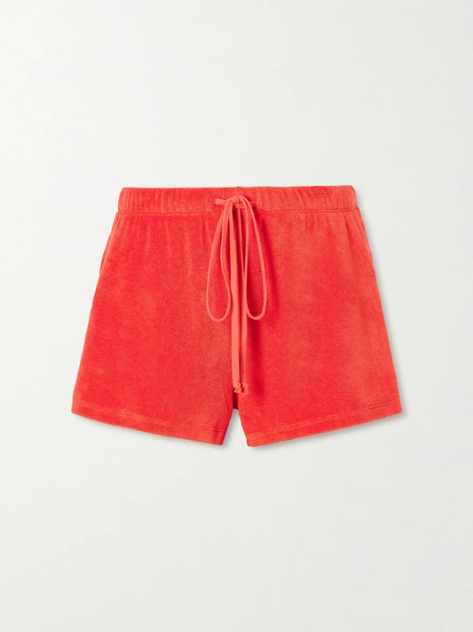 Image of a model wearing Shorts. Product name - Shallis Cotton-blend Terry Shorts in Red colour by brand - Suzie Kondi