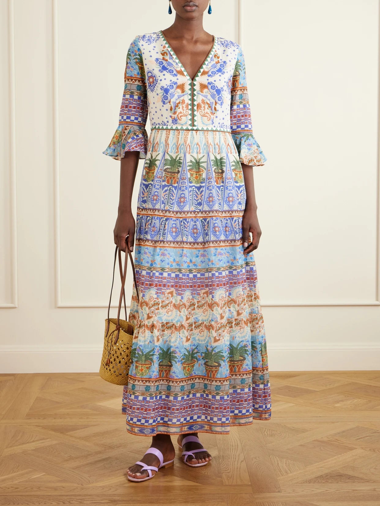 Image of Dresses. Product name - Bella Pleated Printed Cotton Maxi Dress in Multi colour by brand - Emporio Sirenuse