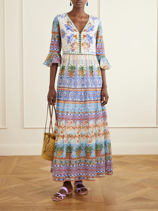 Image of Dresses. Product name - Bella Pleated Printed Cotton Maxi Dress in Multi colour by brand - Emporio Sirenuse