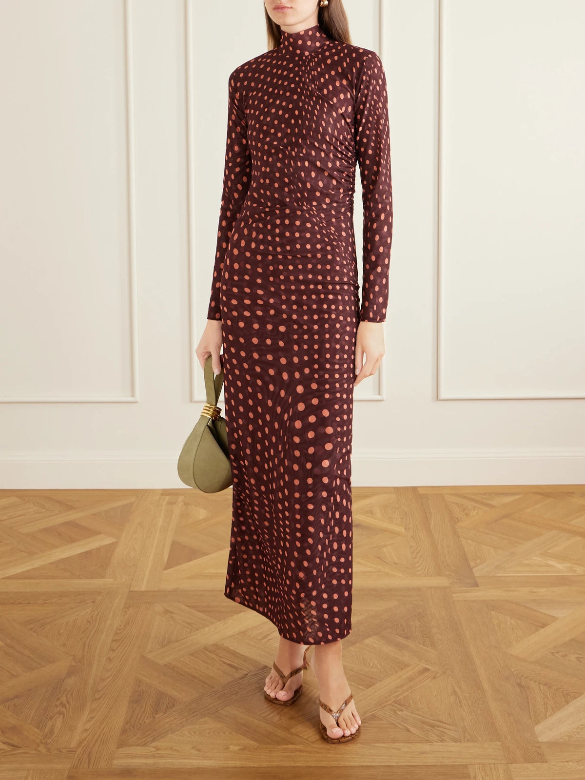 Image of Dresses. Product name - Ruched Polka-dot Mesh Midi Dress in Burgundy colour by brand - Stella McCartney