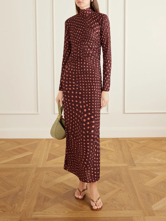 Image of Dresses. Product name - Ruched Polka-dot Mesh Midi Dress in Burgundy colour by brand - Stella McCartney