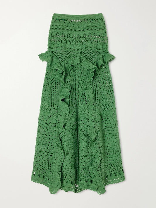 Ulla Johnson Floretta Ruffled Crochet-knit Cotton Midi Skirt