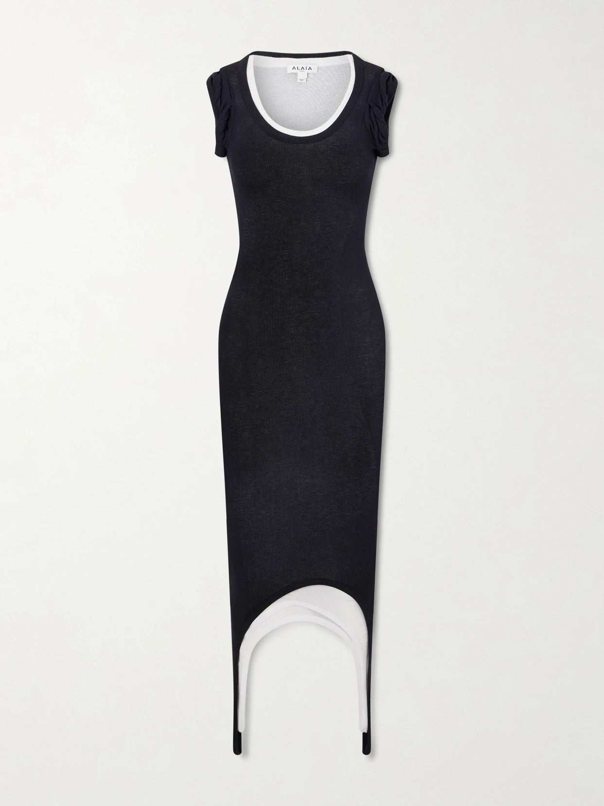 Image of Dresses. Product name - Layered Stretch-knit Midi Dress in Black colour by brand - Alaïa