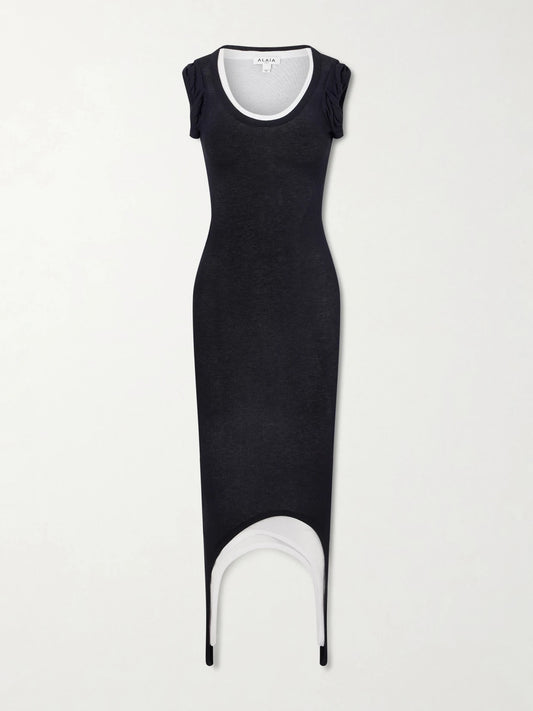 Image of Dresses. Product name - Layered Stretch-knit Midi Dress in Black colour by brand - Alaïa