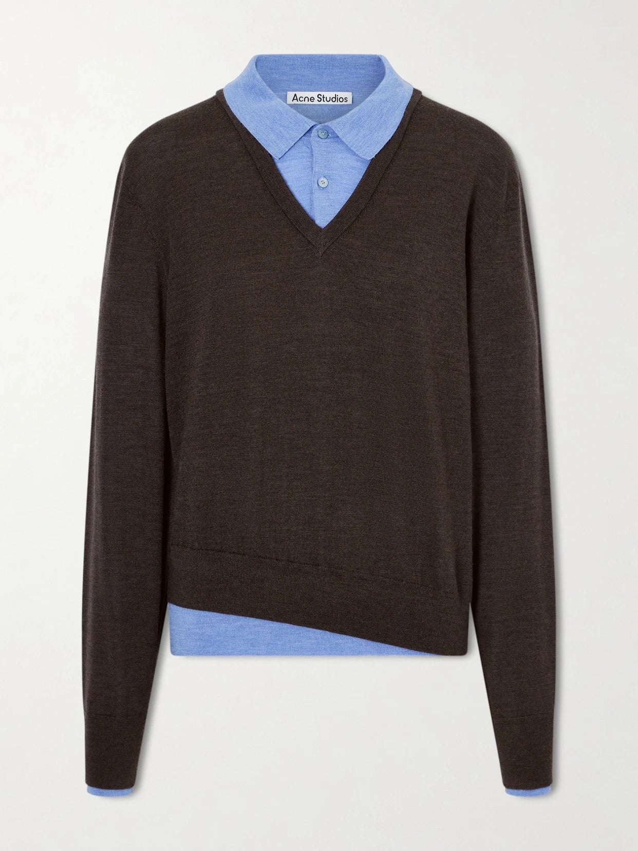Image of a model wearing Outerwear. Product name - Layered Wool Polo Sweater in Brown colour by brand - Acne Studios