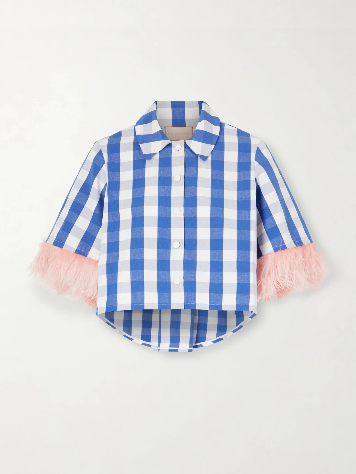 Picnic Cropped Checked Feather-trimmed Cotton-blend Blouse