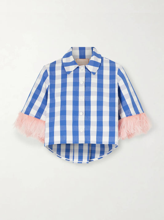 Picnic Cropped Checked Feather-trimmed Cotton-blend Blouse