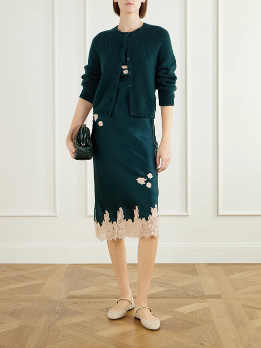 Image of Dresses. Product name - Mathilde Lace-trimmed Silk Satin Midi Dress in Emerald colour by brand - DÔEN